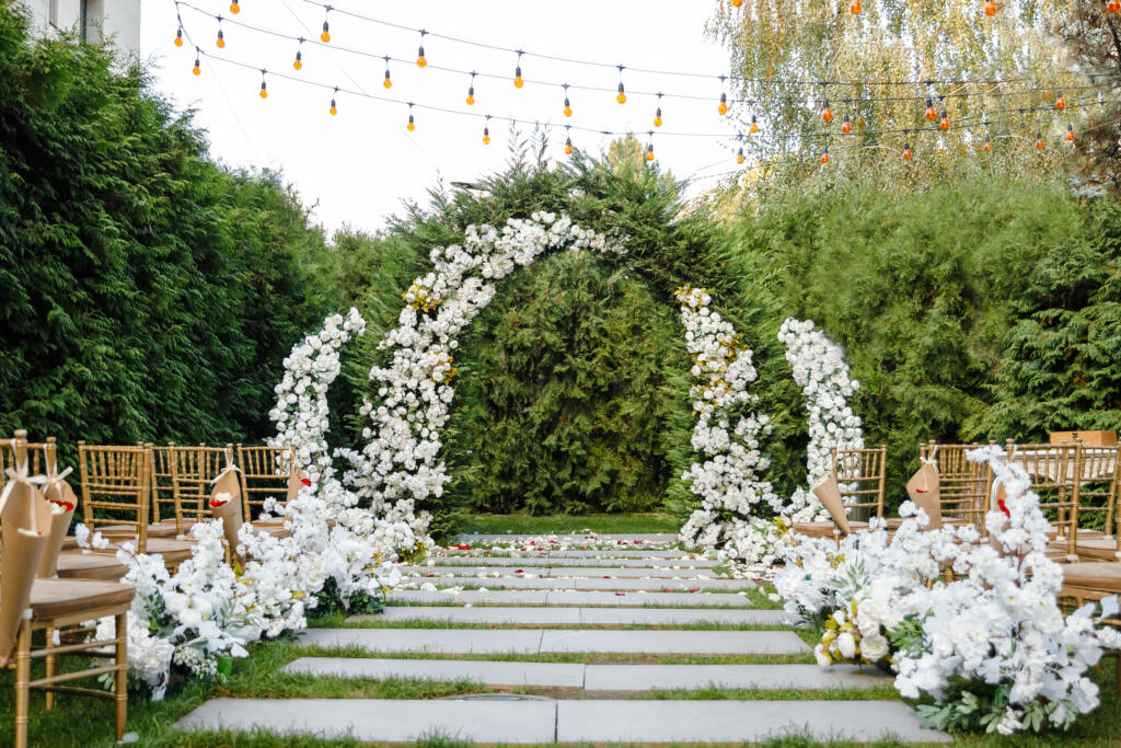 place for wedding ceremony in garden outdoors, copy space. weddi
